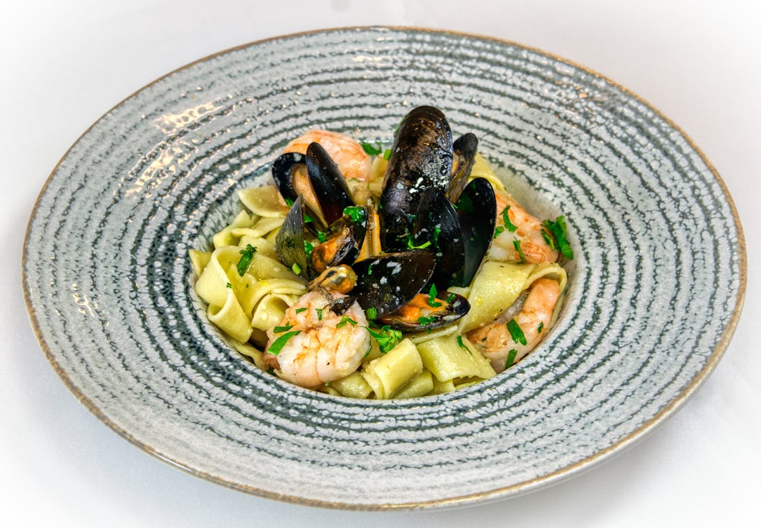 Frutti di mare seafood pasta with mussels and prawns at The Warehouse Pizzeria, Preston